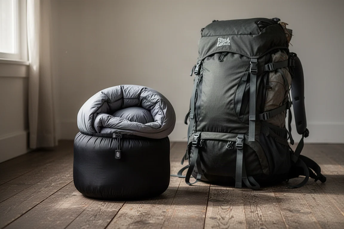 Saco de dormir de plumas parcialmente comprimido em um saco de compressão ao lado de uma mochila de trilha