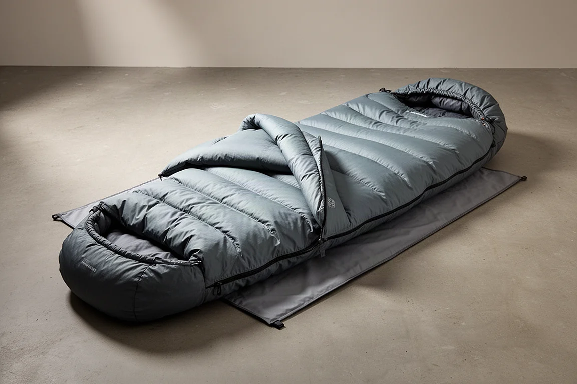 Bez zamka down sleeping bag rozłożony na betonowej podłodze, ukazujący quilt-like otwarcie