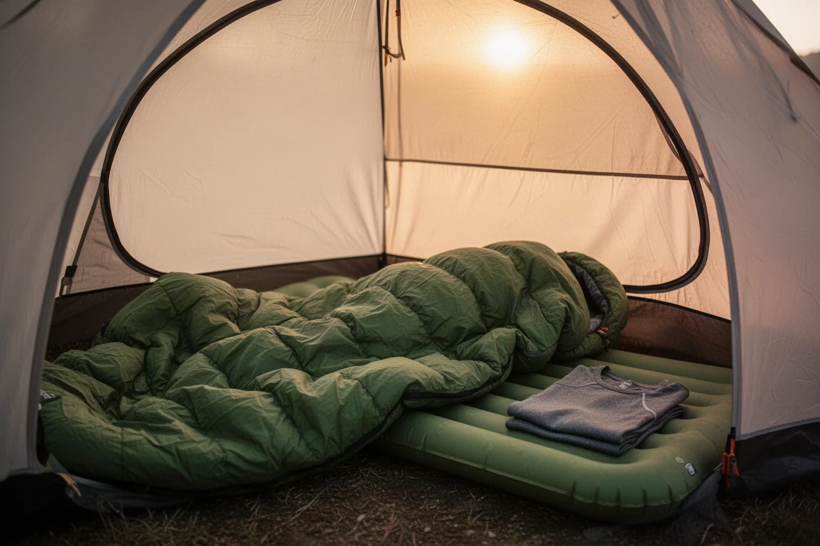 Interno di una tenda da trekking all'alba con stuoia e quilt a strati