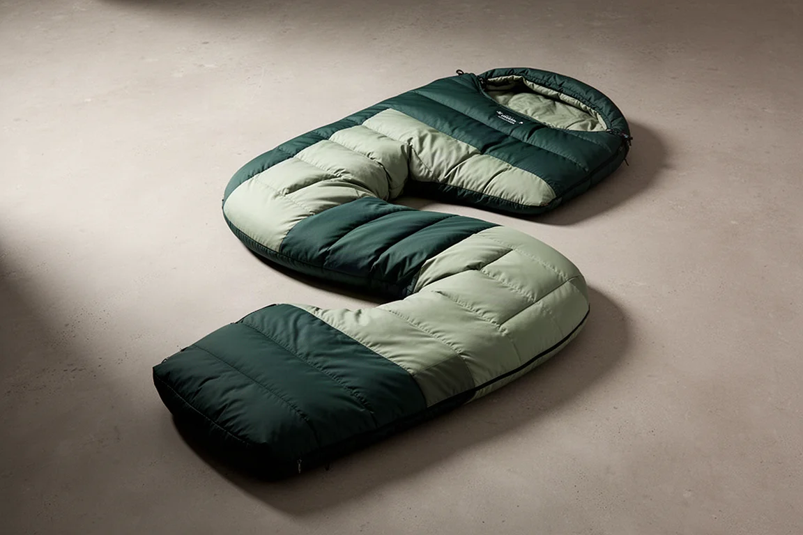 Green ultralight quilt sleeping bag with rectangular baffles arranged on a concrete surface