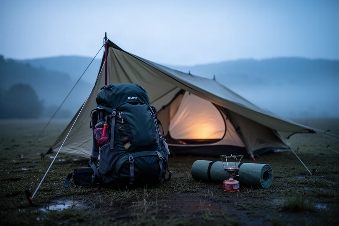 Mochila de trilha carregada apoiada em uma barraca de trekking ao anoitecer com equipamentos na grama