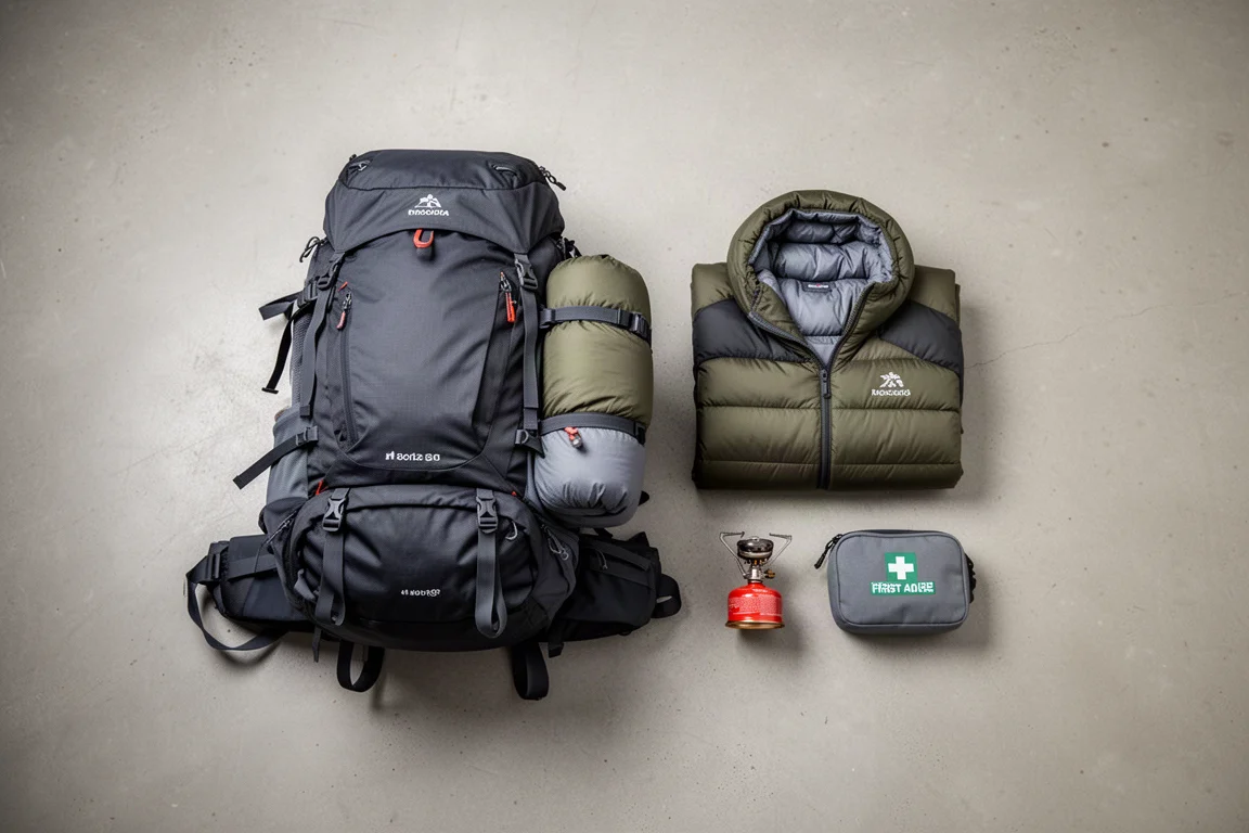 Vista superior de uma mochila de trilha e equipamentos de camping de inverno sobre concreto