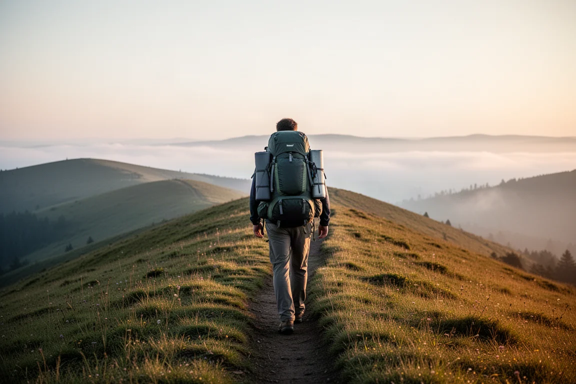 Wandelaar loopt bij zonsopgang over een graspad op een bergkam met een volgeladen rugzak