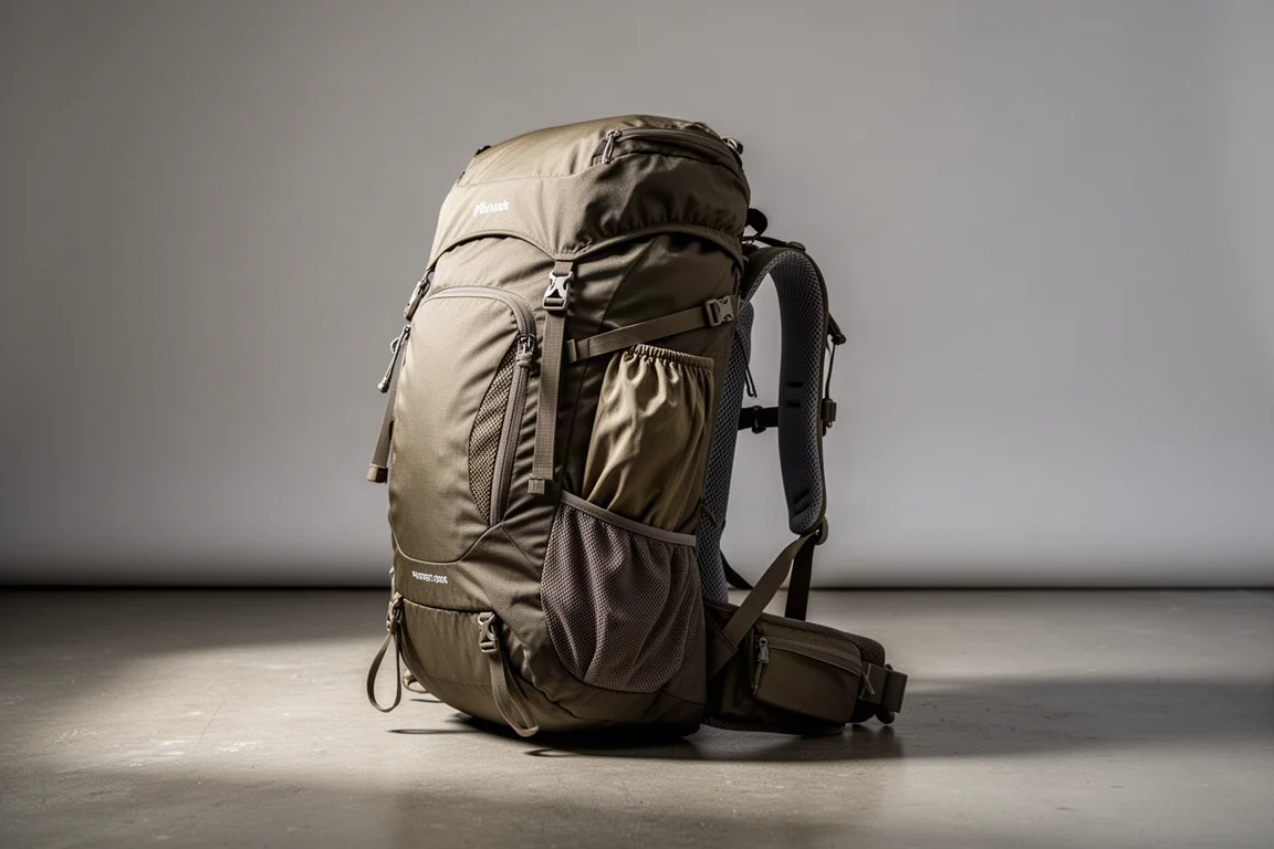 Expandable hiking backpack standing upright on a concrete floor against a grey backdrop