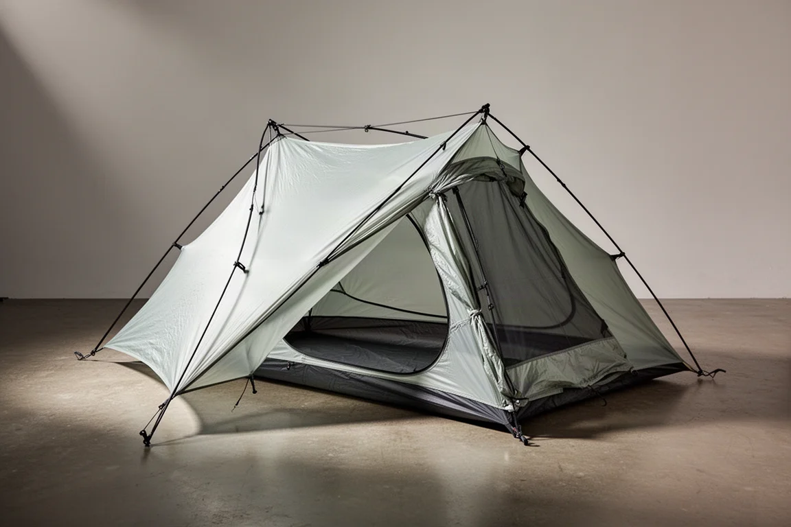 Translucent ultralight two-person tent with black carbon poles pitched on a concrete studio floor