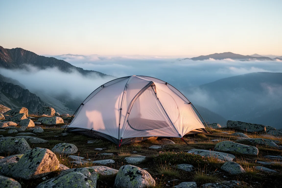 Backpacker, der ein Ultraleichtzelt zuerst das Außenzelt in einer feuchten alpinen Wiese aufbaut