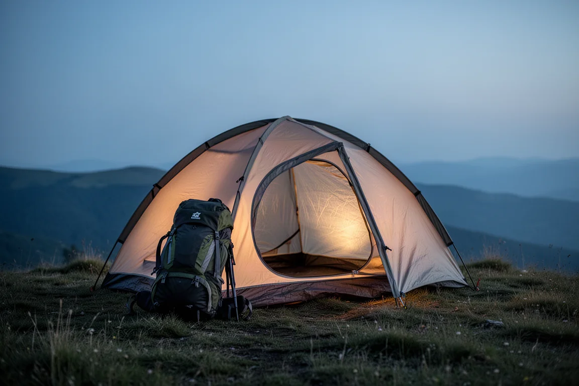 Ultraleichtzelt auf einem Berggrat in der Abenddämmerung mit fernen Gipfeln