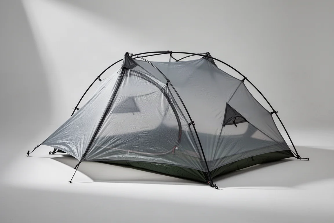 Ultralight two-person backpacking tent with carbon poles and aluminum stakes on concrete