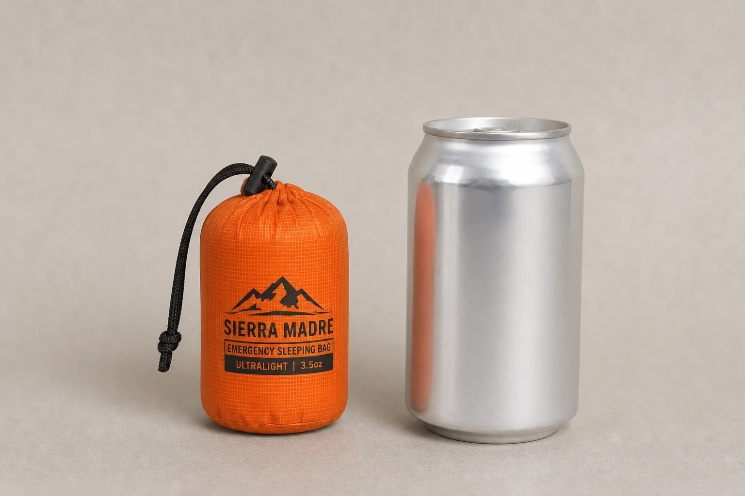 Bolsa compacta del saco de dormir de emergencia junto a una lata de refresco estándar para comparar el tamaño