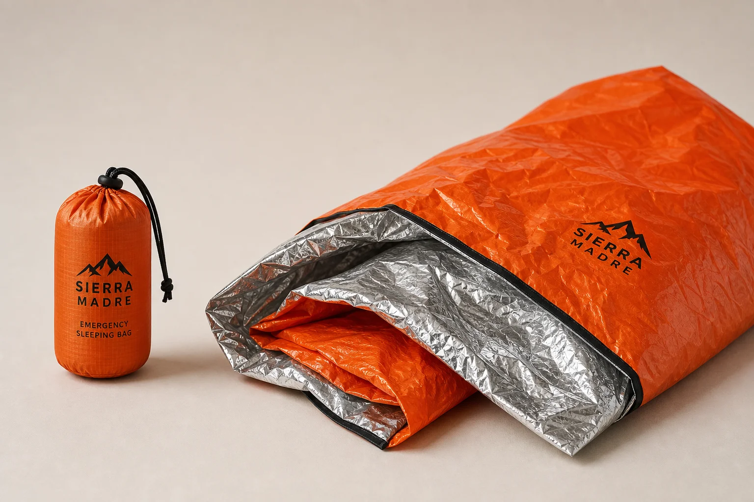 Sierra Madre emergency sleeping bag in compact pouch and partially deployed showing orange and silver colors