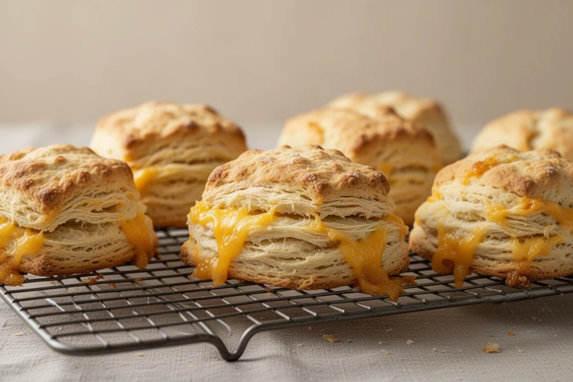 Versgebakken bladerdeeg-kaas-en-zure Augurken scones koelen af op een draadrooster