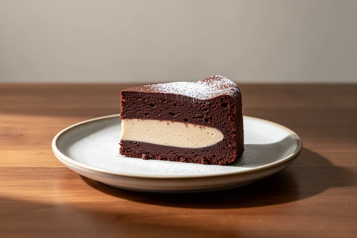 Plak meelvrije chocolademoussecake met rozijnen op een keramisch bord