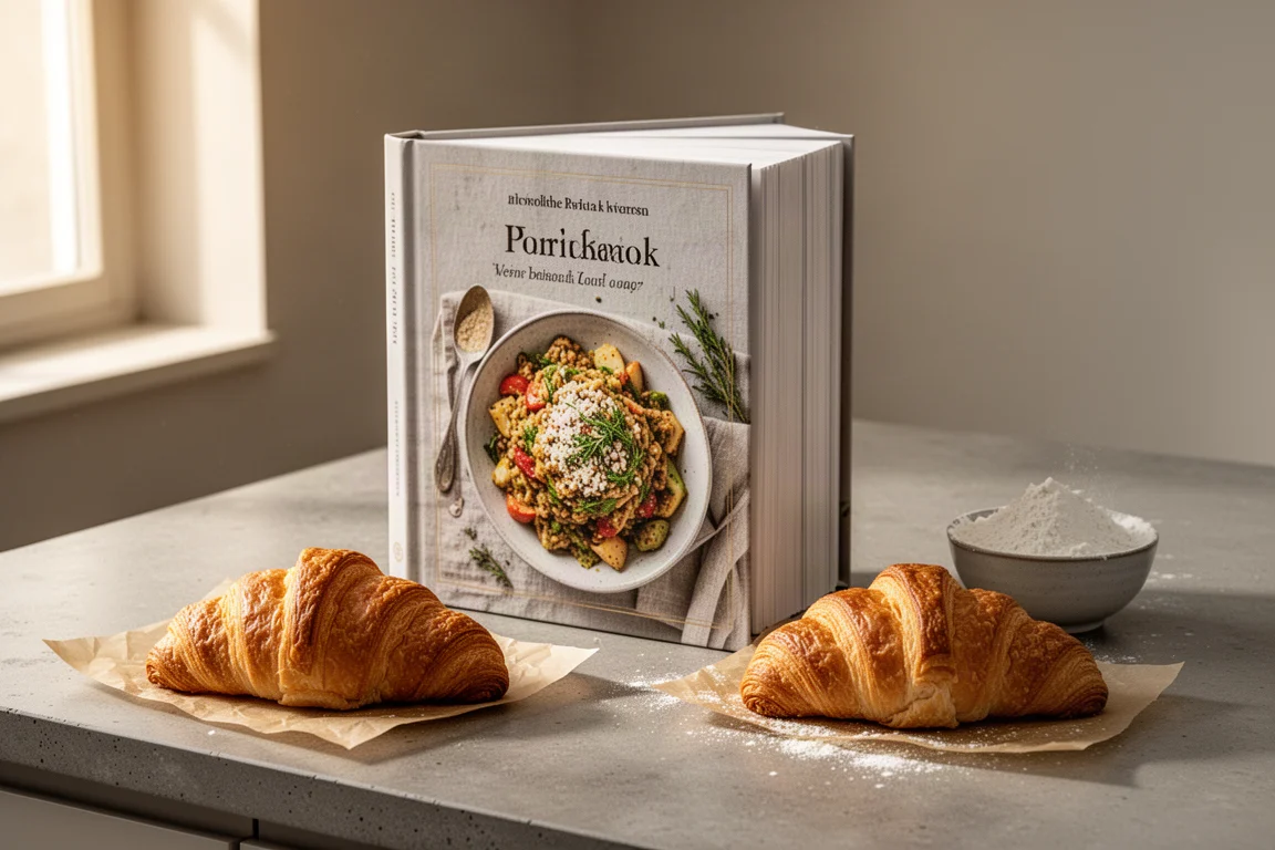 Hardcover pastry cookbook beside a croissant and a bowl of flour on a kitchen counter