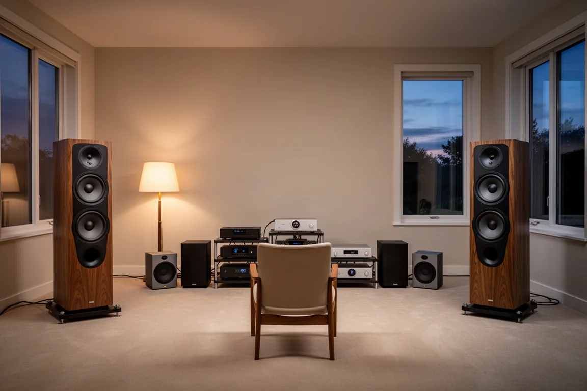 Stort lyssningsrum med golvstående högtalare utspridda och två subwoofers mellan dem