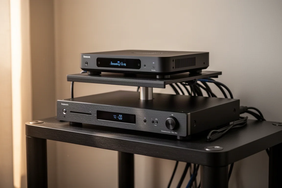 Kompakt ljudrack med streaming-spelare och förförstärkare i ett svagt upplyst rum