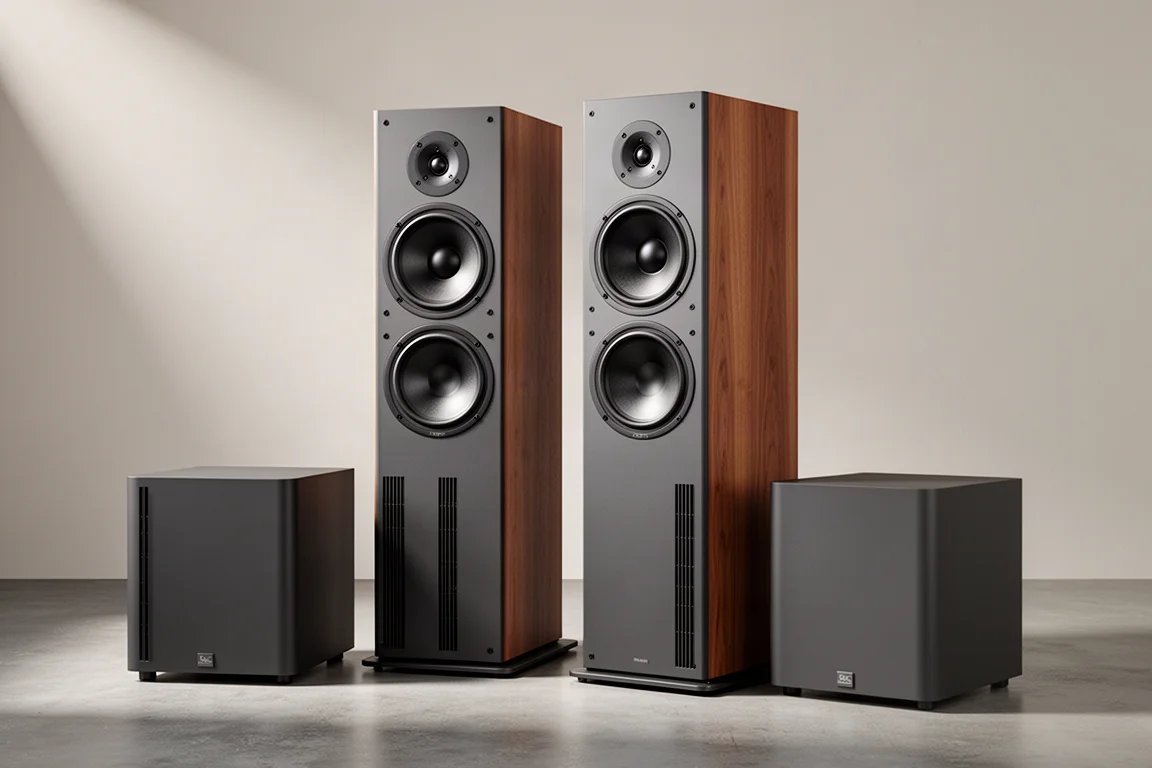 Pair of wide-baffle floorstanding speakers beside two compact subwoofers on concrete