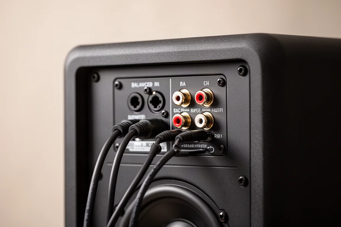 Close-up van de achterzijde van een actieve luidspreker met gebalanceerde ingangen en een subwoofer-doorgifte
