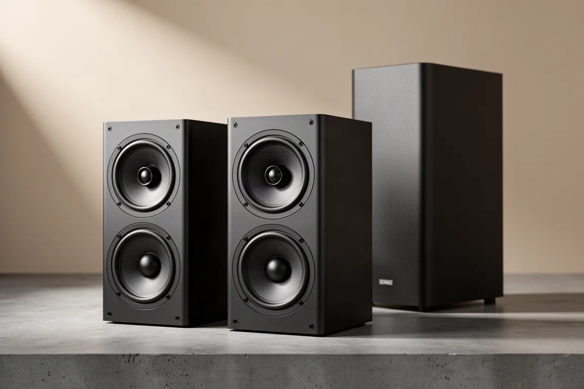 Slim dark bookshelf speakers with coaxial drivers beside a narrow subwoofer cabinet