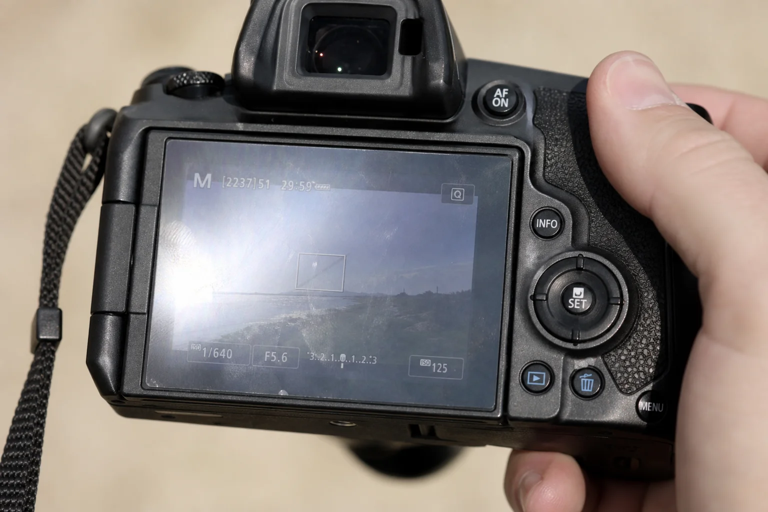 Camera LCD screen with glare in bright sunlight