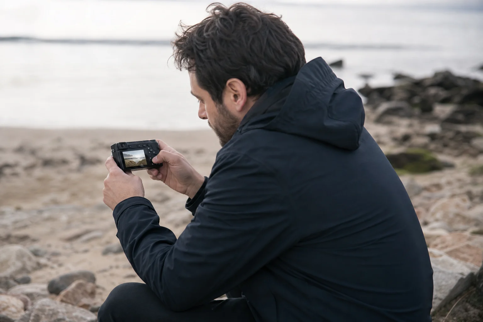 Photographer reviewing images on camera's rear screen outdoors