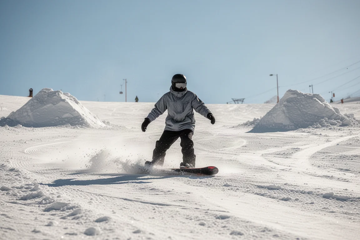 Snowboardåkare glider nerför en solig, blöt piste i en skidort