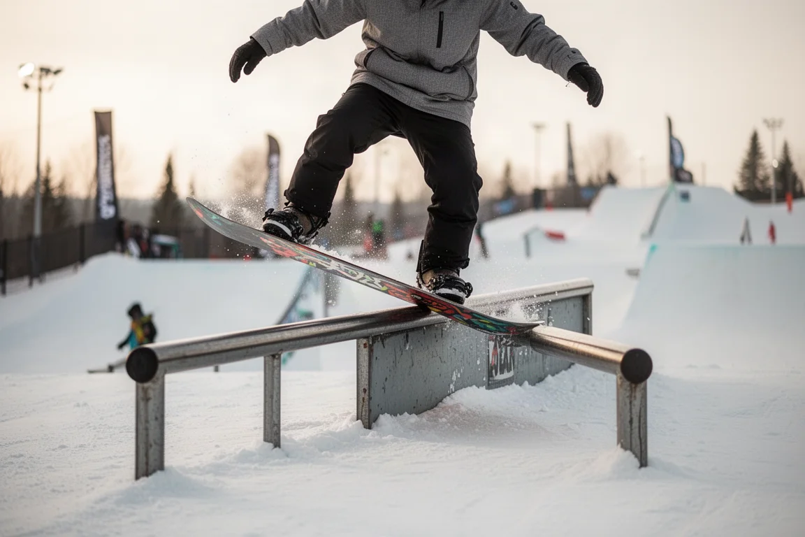 Snowboardåkare glider längs en metallrälg i en terrainpark