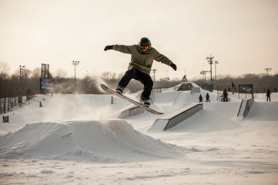 Snowboardåkare i mjuk vårsnö i en avslappnad terränmparksmiljö