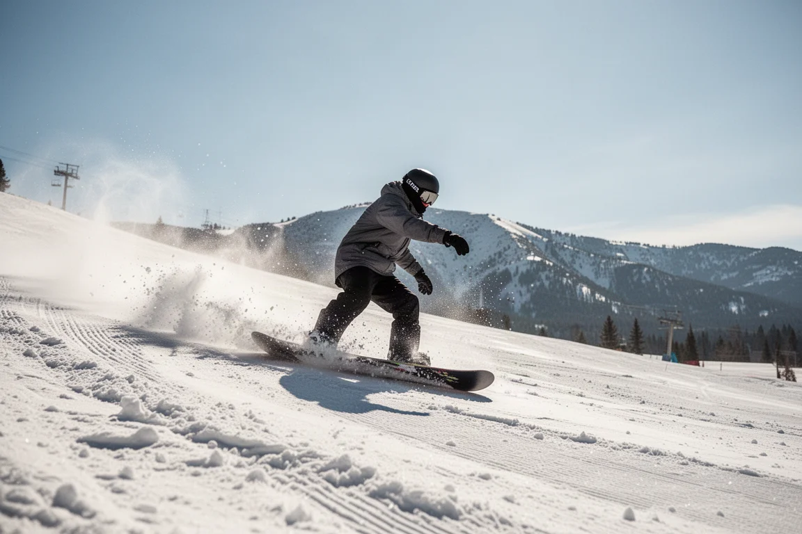 Snowboardzista jedzący przygotowany wiosenny stok w słoneczny dzień