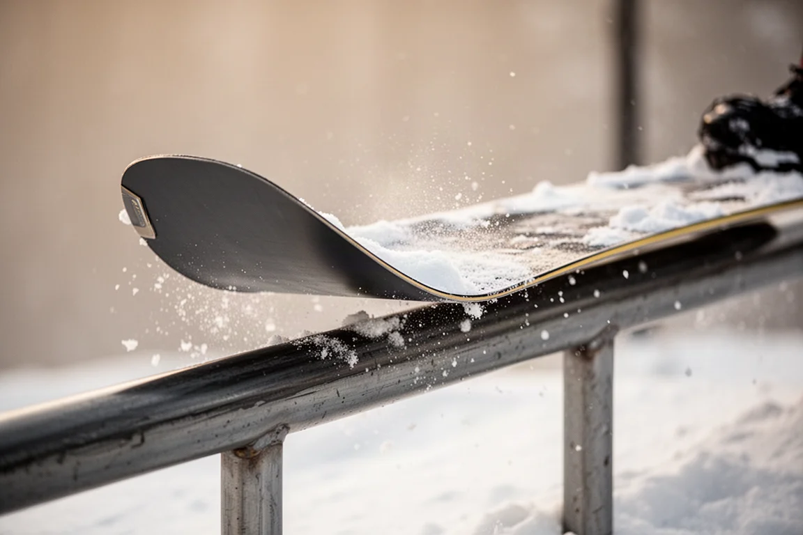Zbliżenie na tail snowboardu dociskany do railu w parku