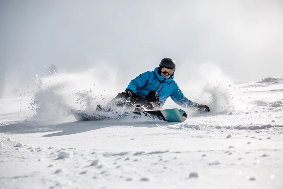 Snowboardzista cinący szybki skręt w miękkim wiosennym śniegu