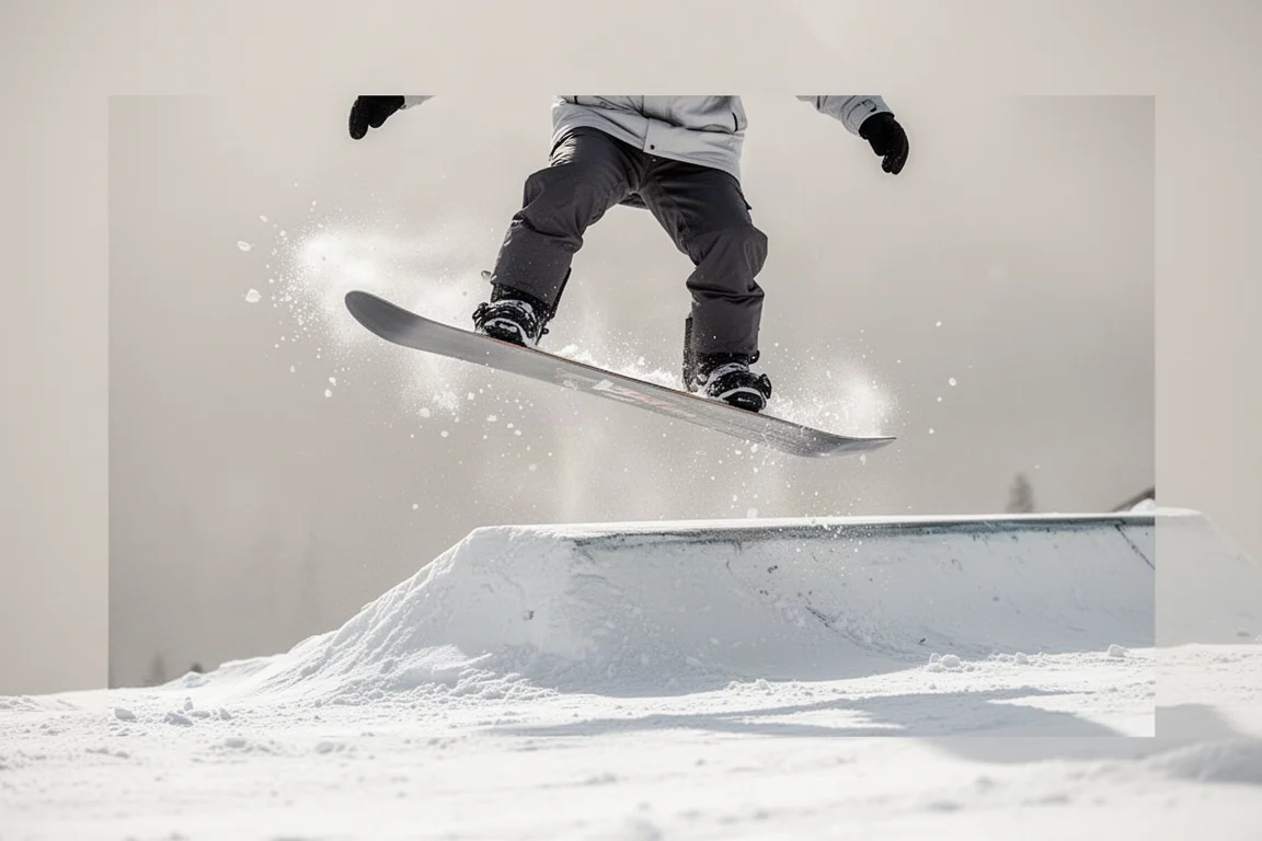 Snowboardzista czysto lądujący mały skok w parku