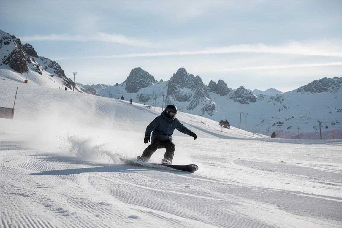 Snowboarder carving a groomed slope on firm morning snow