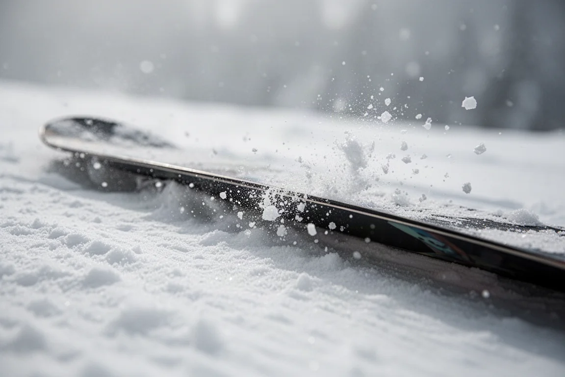 Close-up of a snowboard tail flexing outside the binding edge