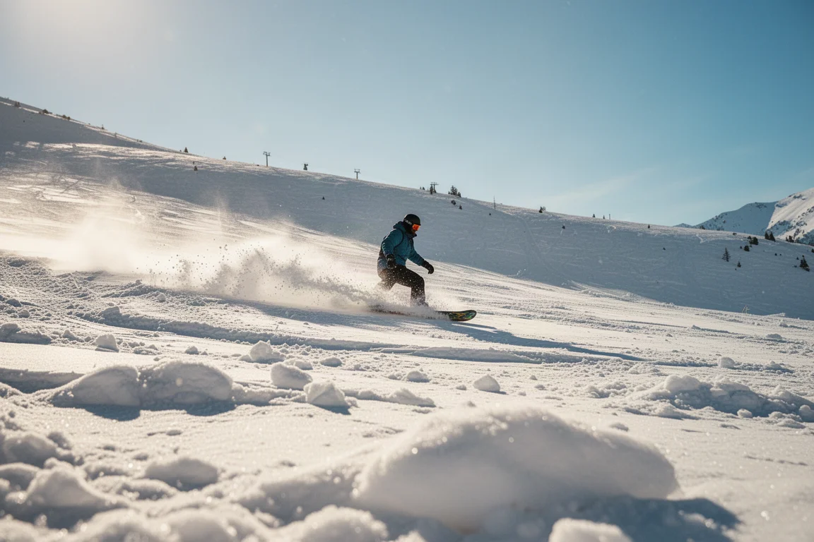 Snowboardzista jedzie przez rozmokły, rozjeżdżony śnieg na słonecznym zboczu góry