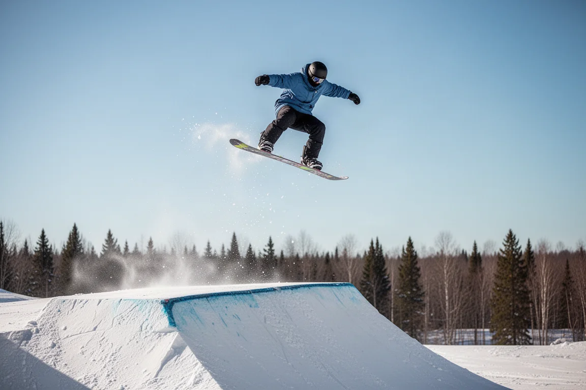 Snowboardzista wybijający się ze skoczni, deska poziomo w powietrzu