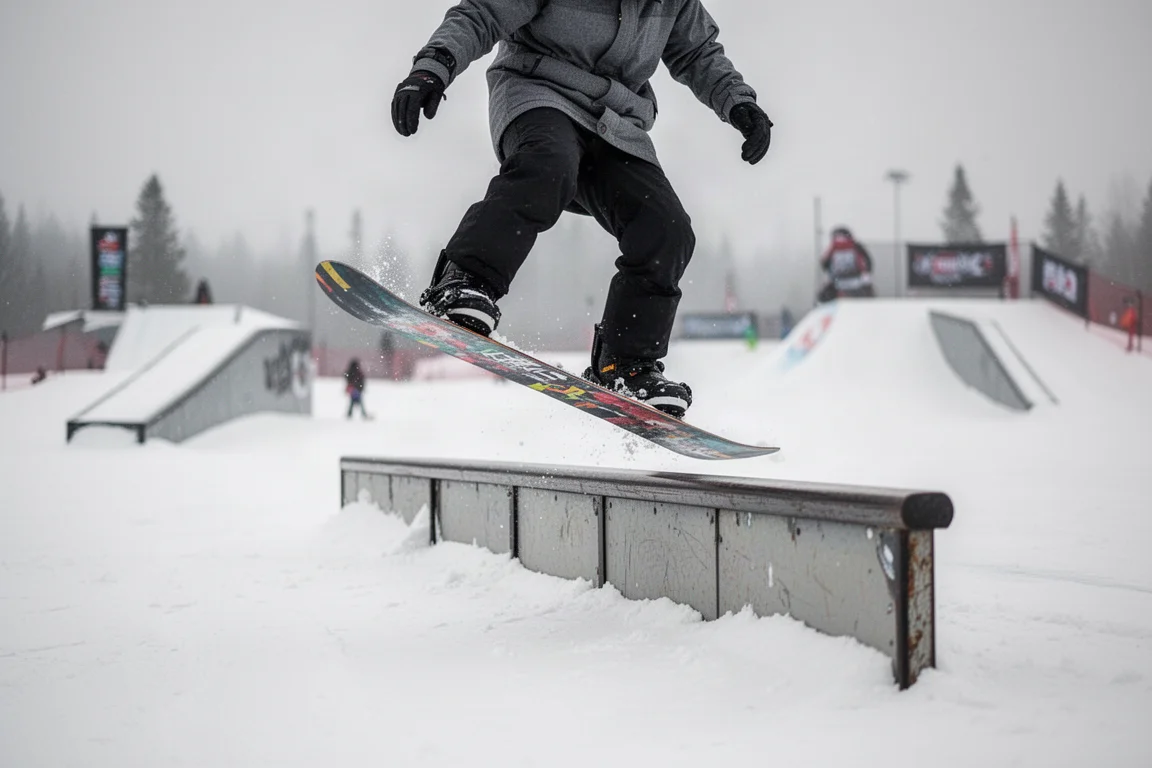 Snowboardzista robiący press na rurze w snowparku z umiarkowaną prędkością
