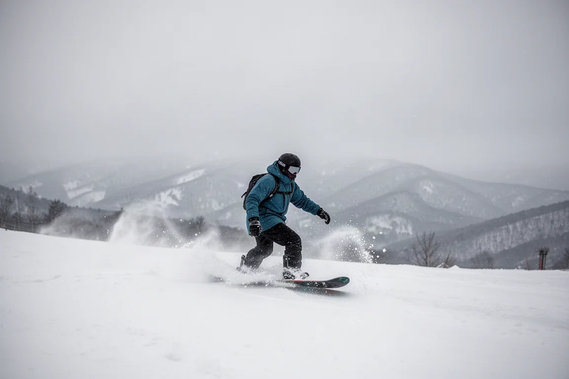 Snowboardzista płynący przez świeży puch w pochmurne wiosenne poranki