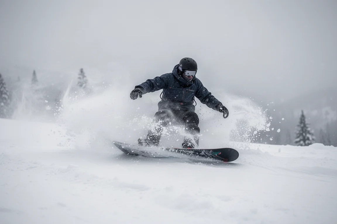 Snowboardzista wycinający źlebek w puchu tuż przy krawędzi przygotowanej trasy