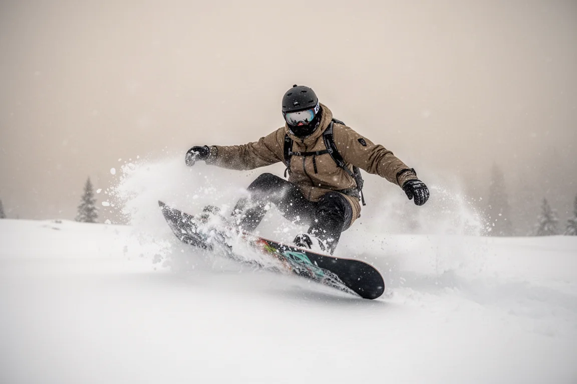 Snowboardzista jadący na tylnym kole w puchu z uniesionym nosem deski