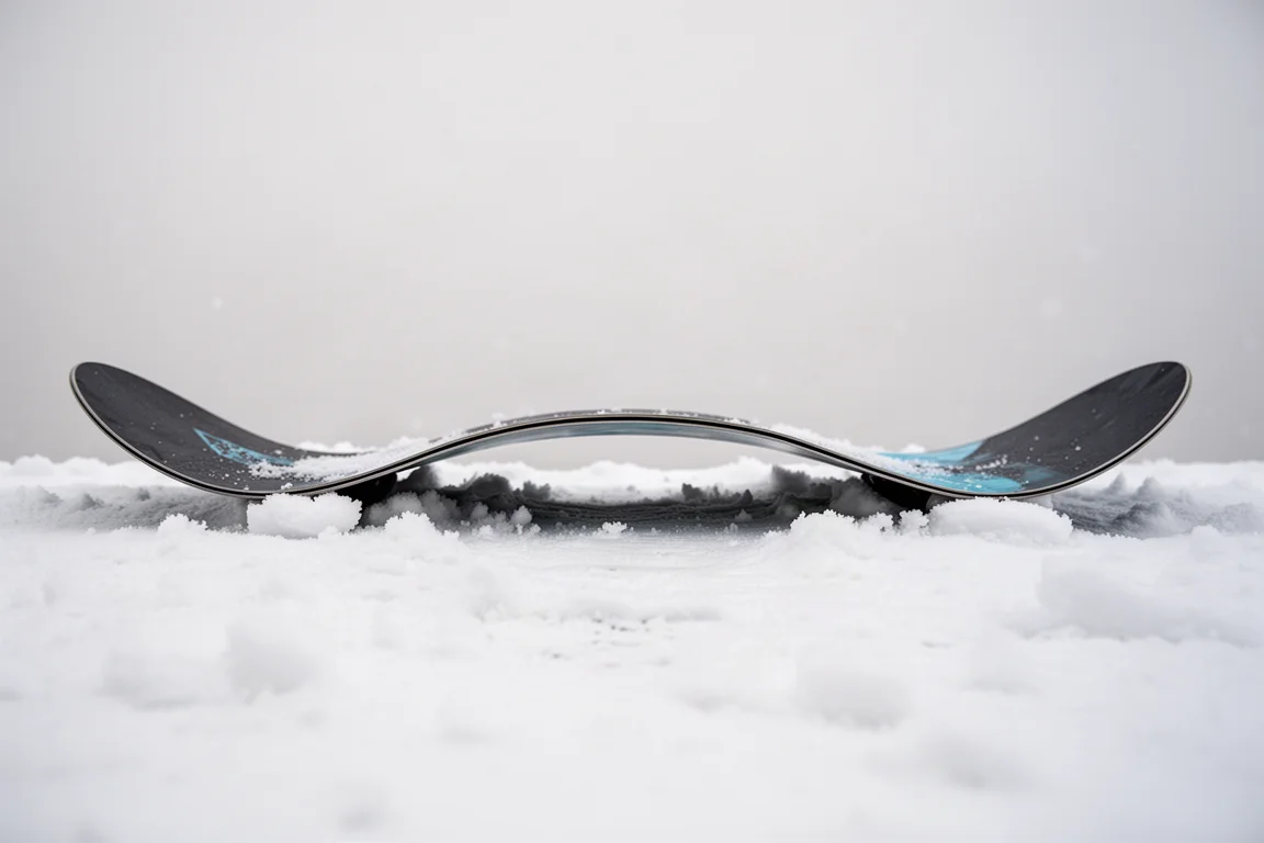 圧雪の上に置かれたスノーボードのキャンバーアークを横から接写。浮き上がった接地点が見える