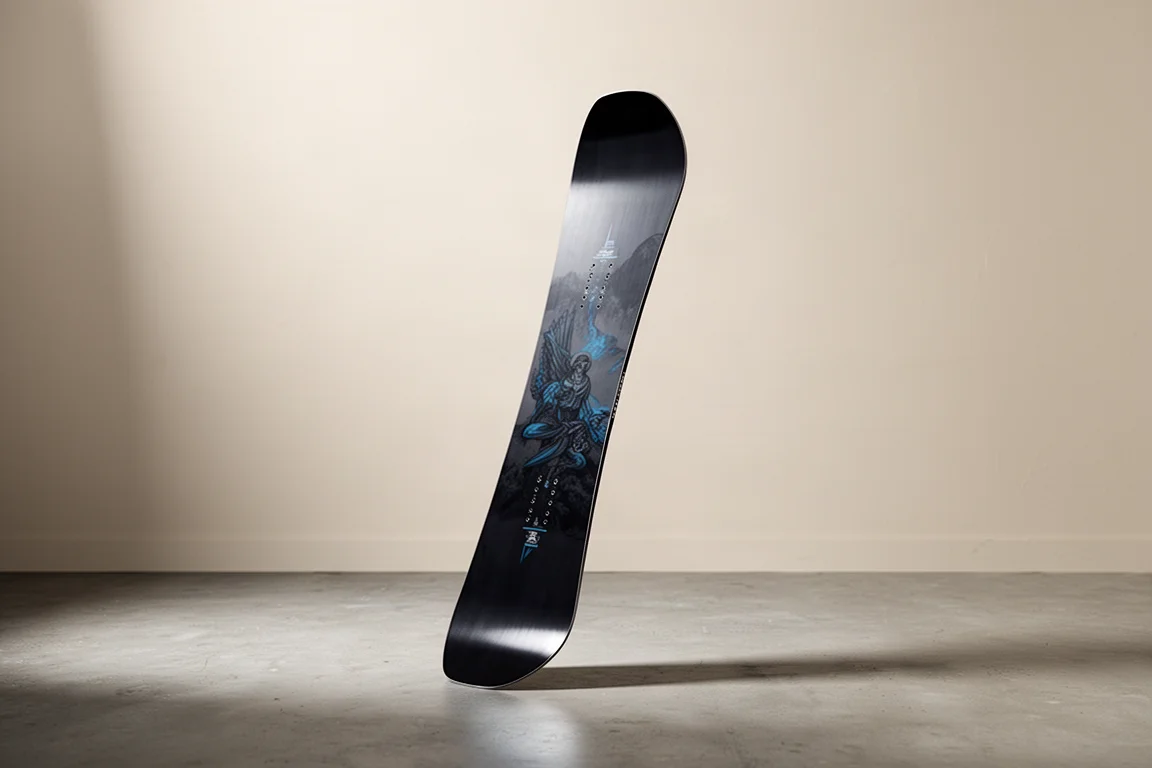 Traditional camber park snowboard standing upright on a matte concrete surface in soft studio light