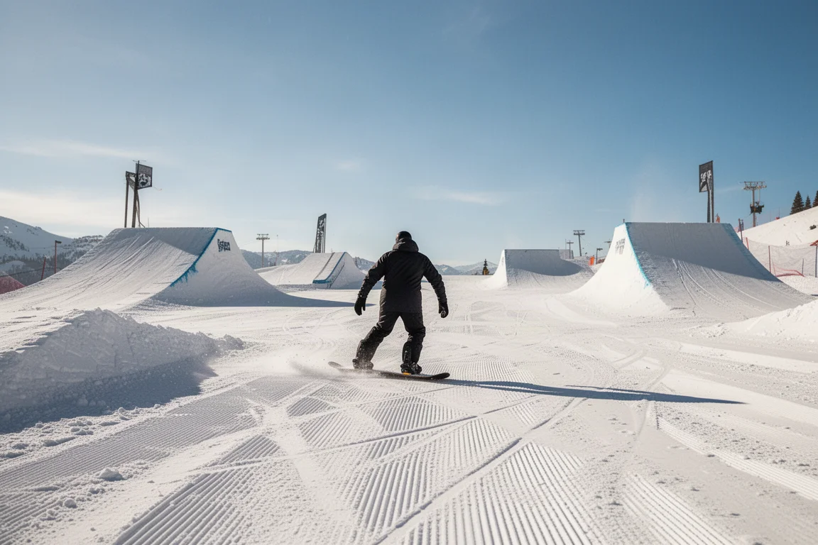 Snowboarder approaching a terrain park jump line on a sunny day