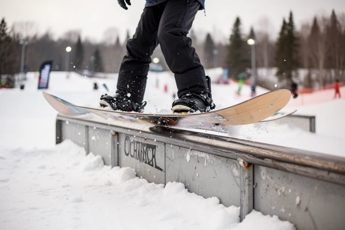 Close-up of a snowboard edge carving into firm groomed snow
