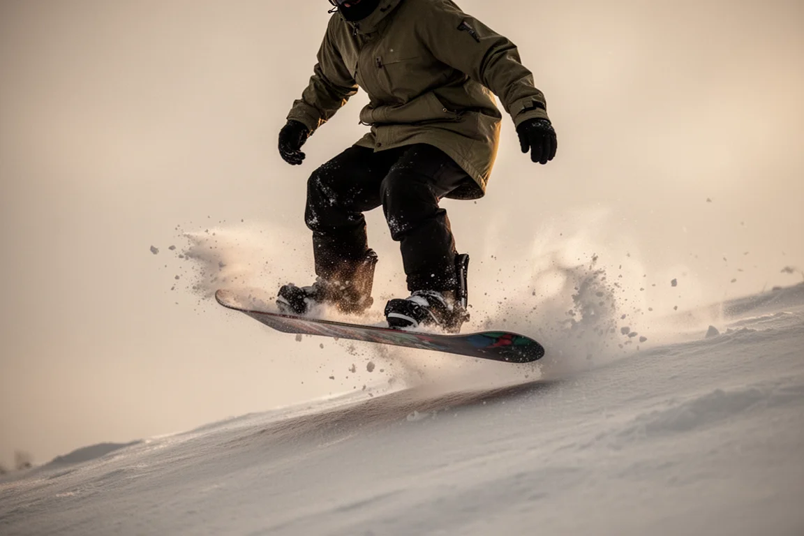 Snowboarder stomping a landing in soft late-afternoon snow