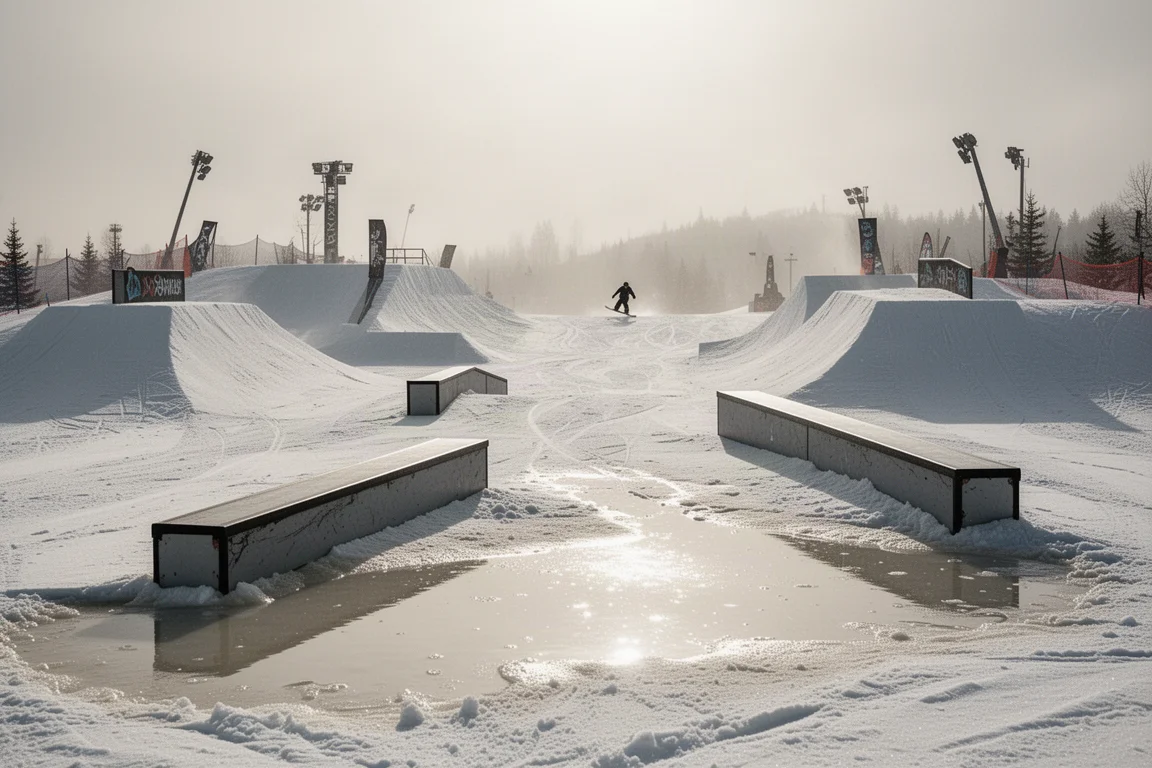 Snowboarder auf einer festen präparierten Piste im Morgenlicht