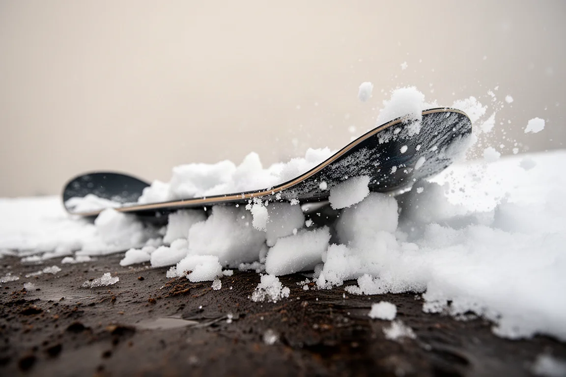 削れた荒れた雪をエッジが切り裂き、雪煙が立ち上がるスノーボード