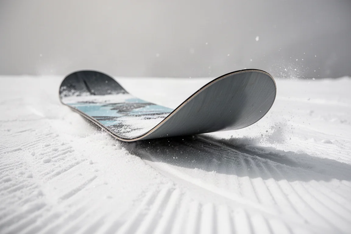 引き締まった雪の上でノーズバターを行うスノーボードを低角度から捉えた一枚