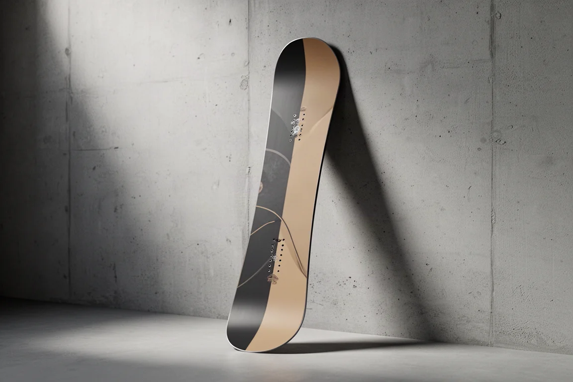 Traditional camber snowboard standing upright against a concrete wall in soft studio light