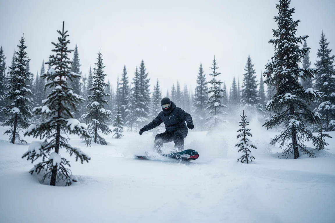 Snowboarder rijdt door verse poedersneeuw in wisselende winteromstandigheden