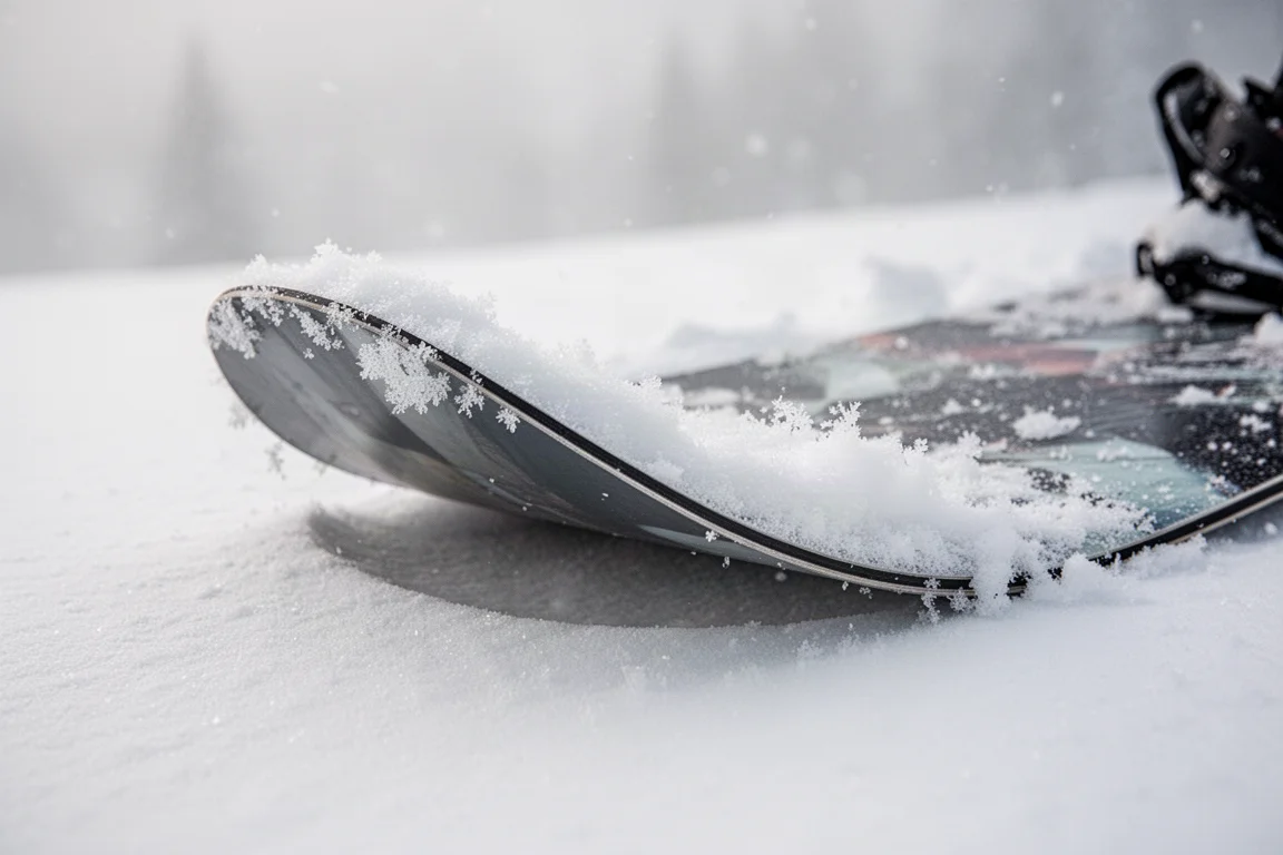Close-up van de nose van een snowboard met rocker-profiel in de sneeuw